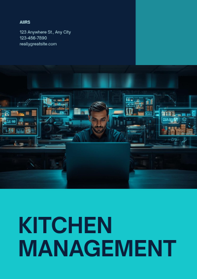 AIIRS hospitality manager using a laptop in a professional kitchen with inventory overlays